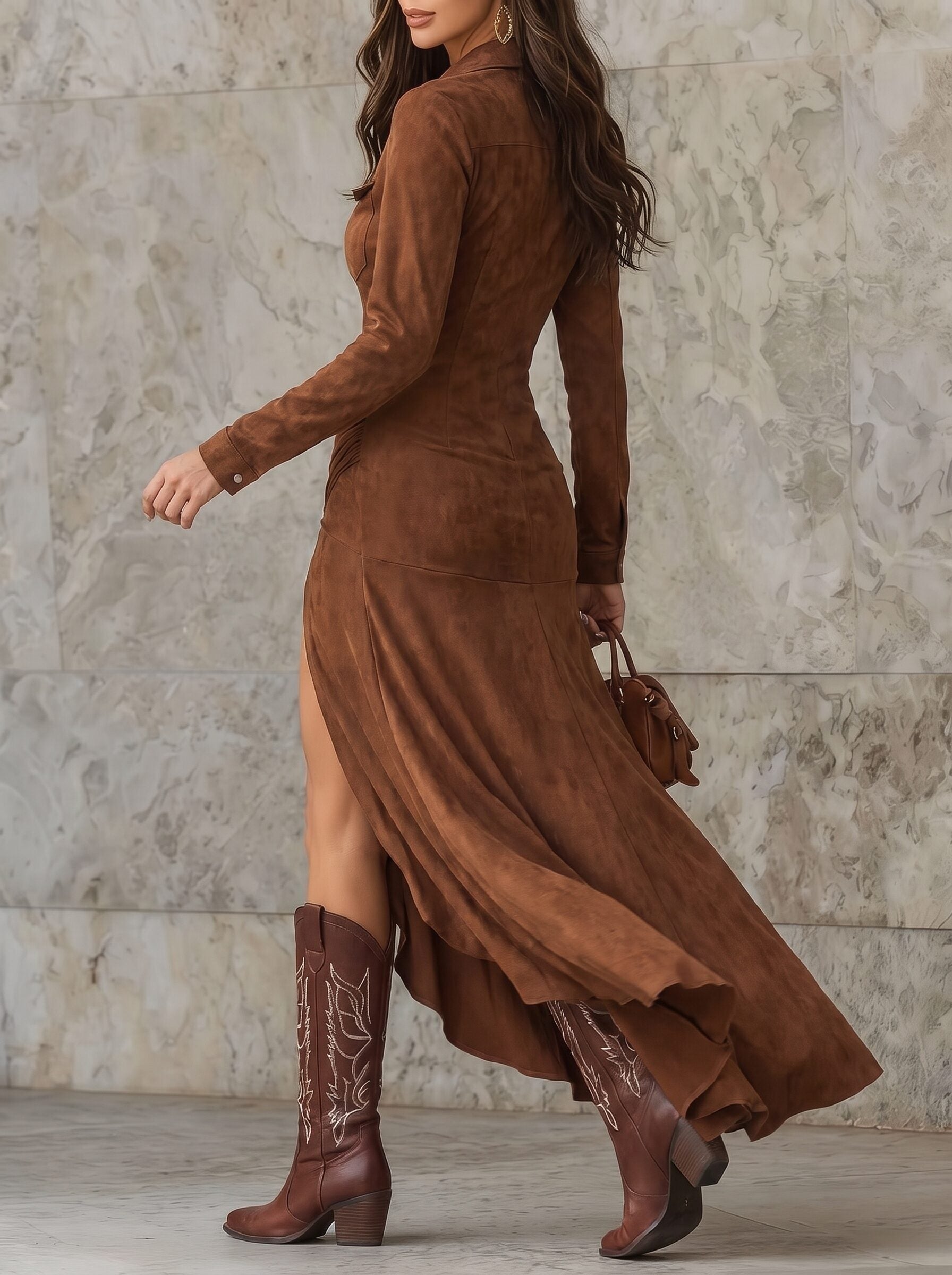 Women's Vintage Neckline Evening Dress in Suede