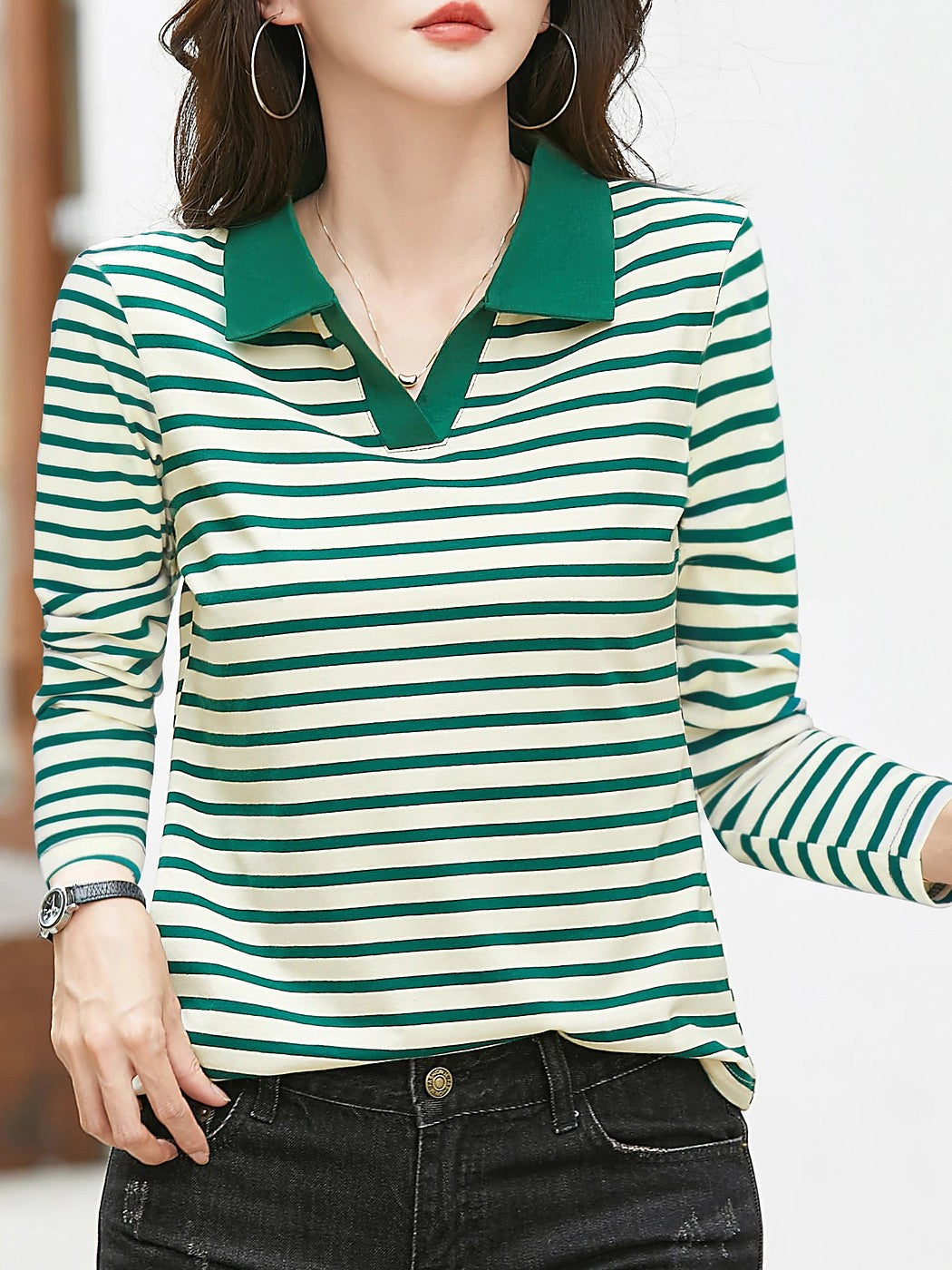 Women's Cozy Long Sleeve Striped Polo Top