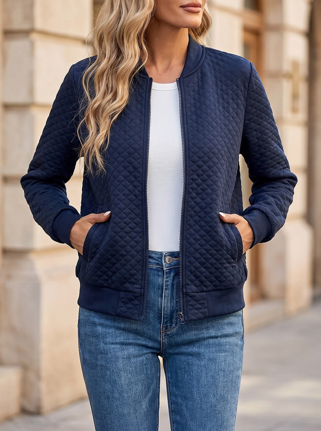 Women's Diamond Quilted Bomber Jacket Ribbed Cuffs