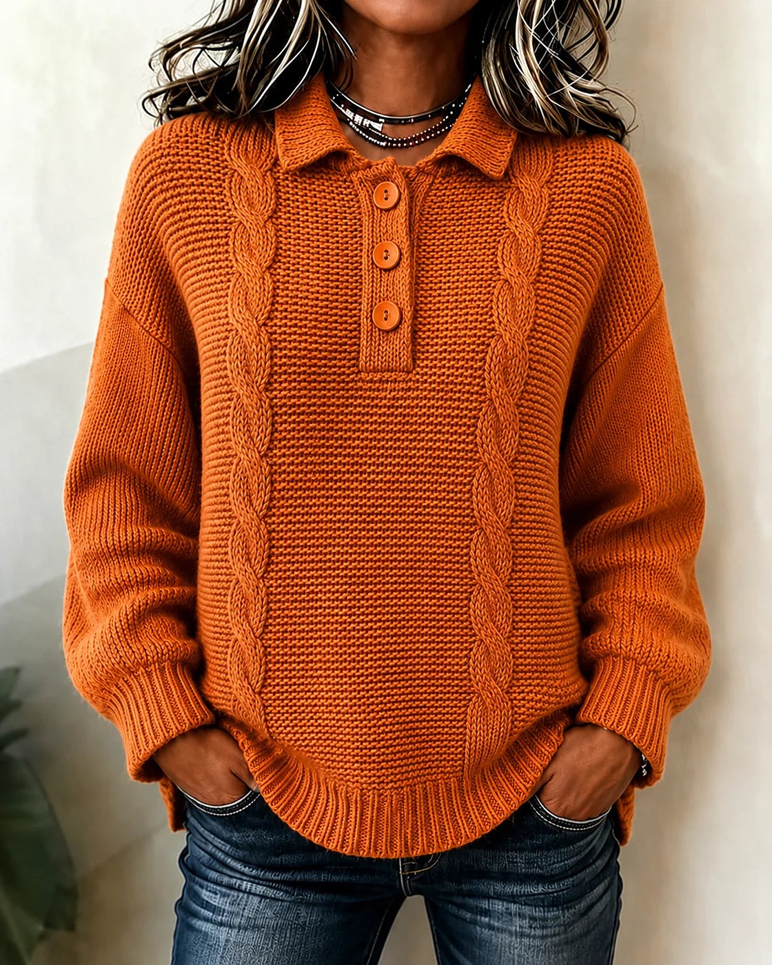 Women's Cable Knit Johnny Collar Polo Sweater