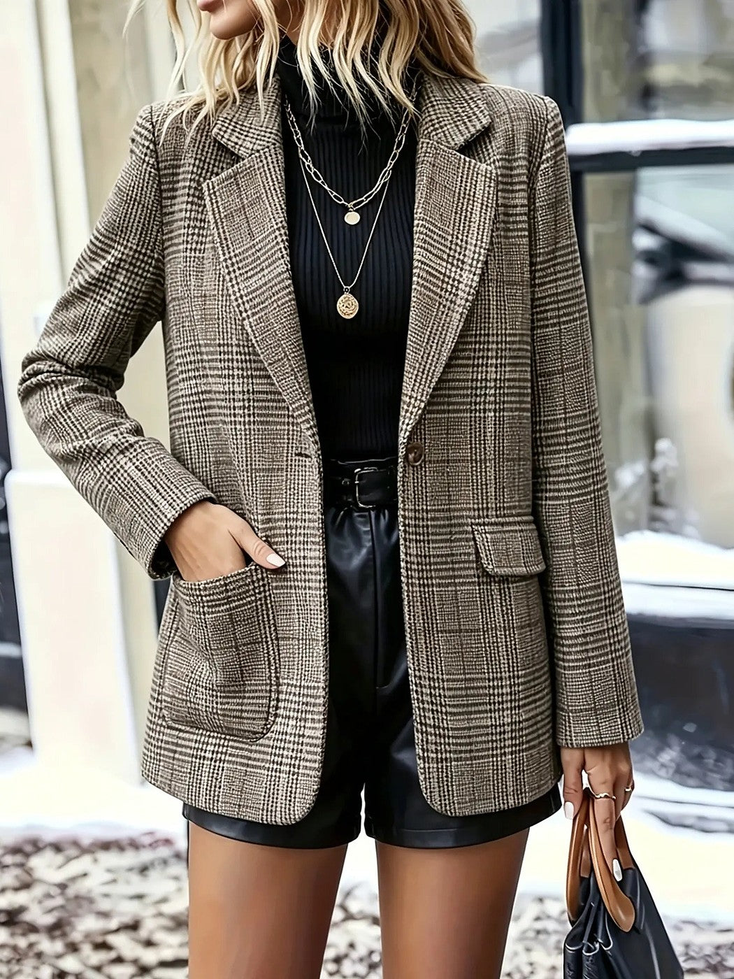 Women's Plaid Notch Lapel Single Button Blazer