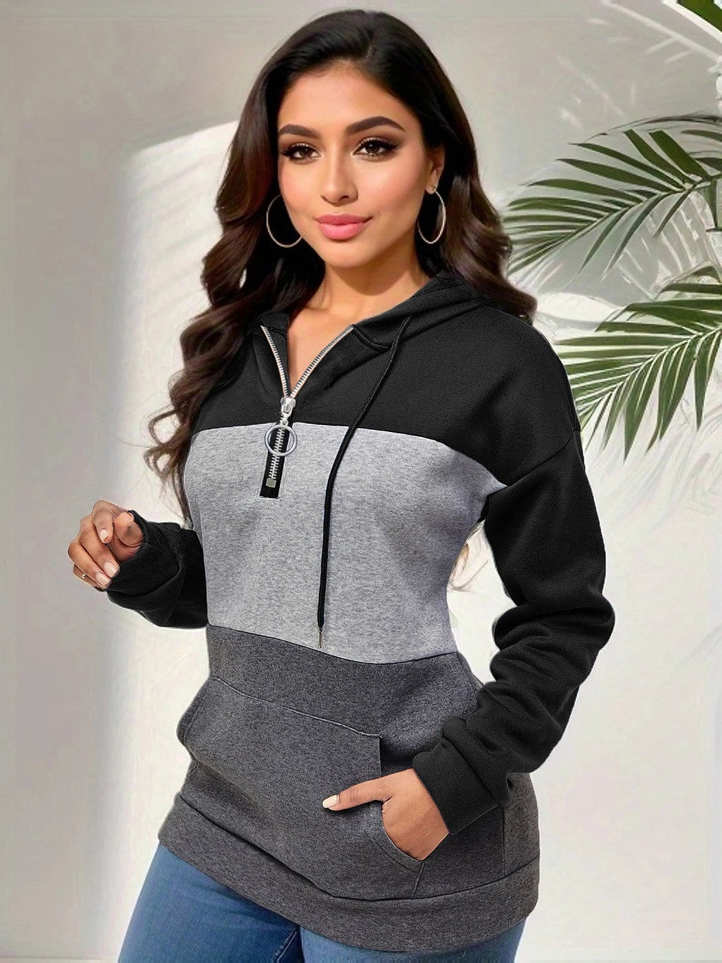 Women's Color Block Half Zip Fleece Hoodie
