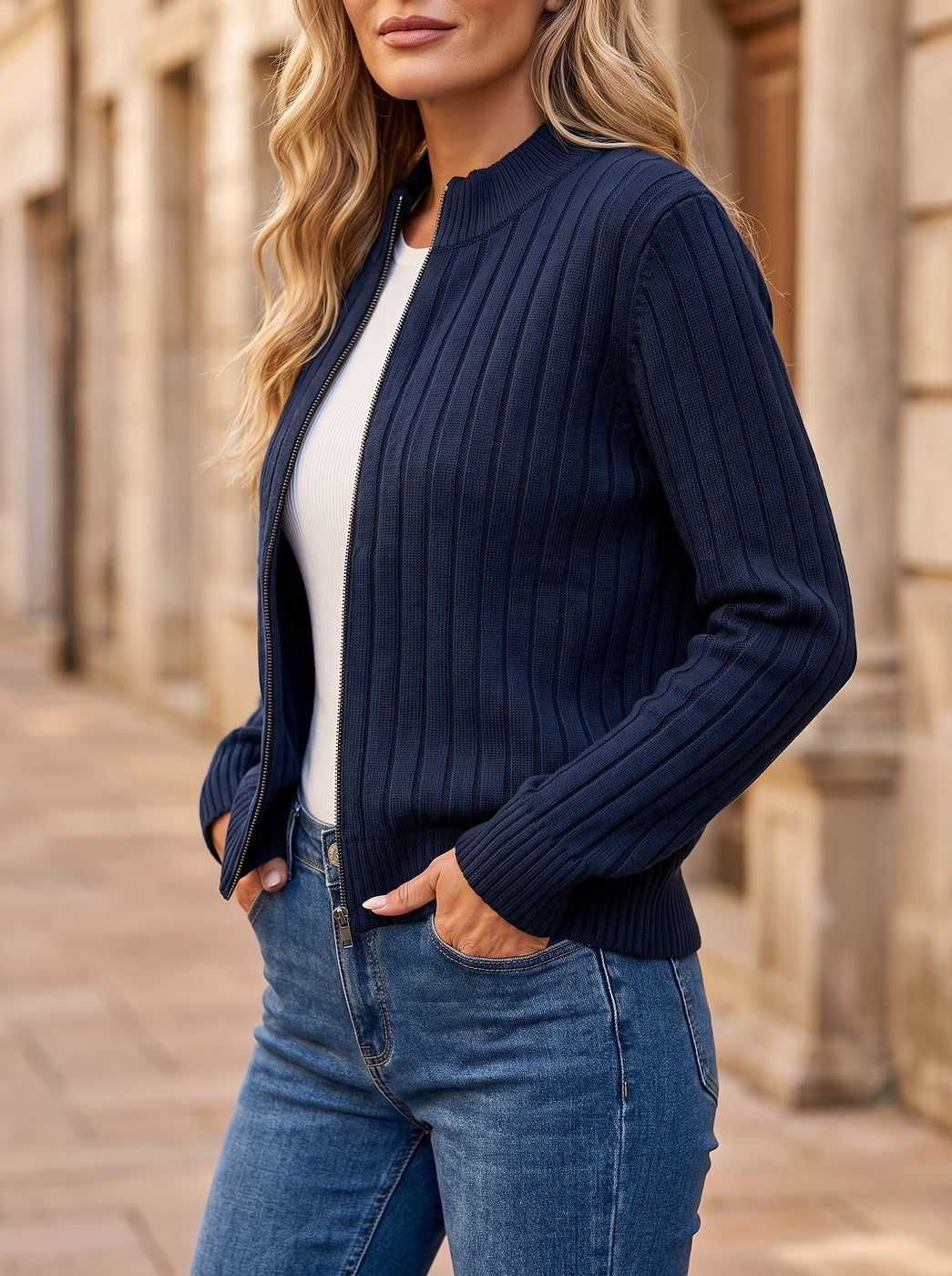 Women's Ribbed Knit Zip Up Bomber Jacket