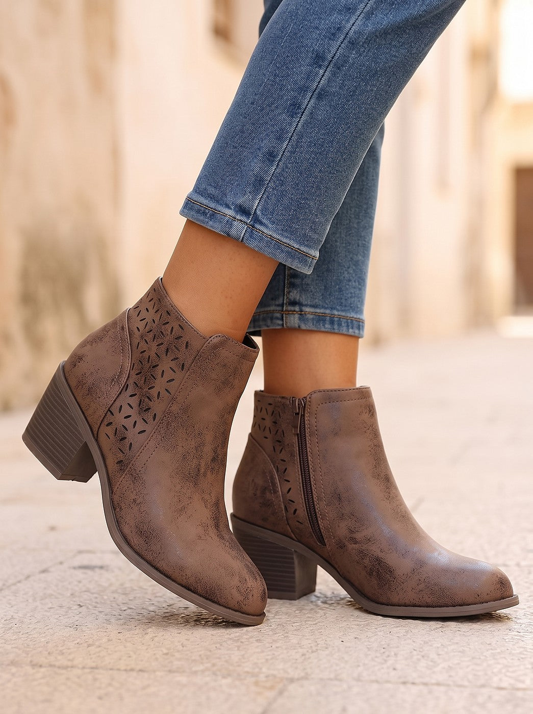 Women's Cutout Ankle Booties Stacked Heel