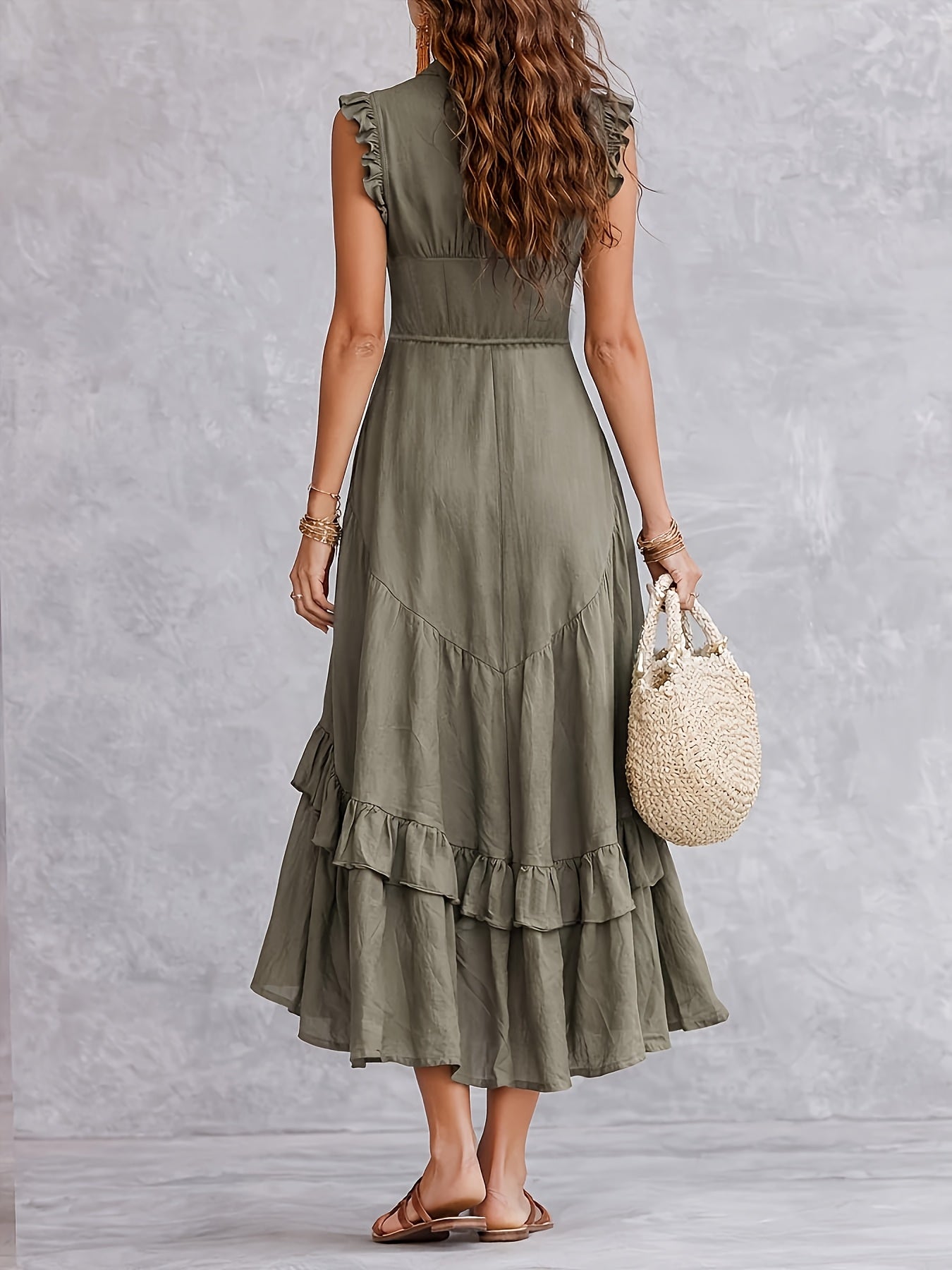 Women's V-Neck Button Front Ruffle Maxi Dress