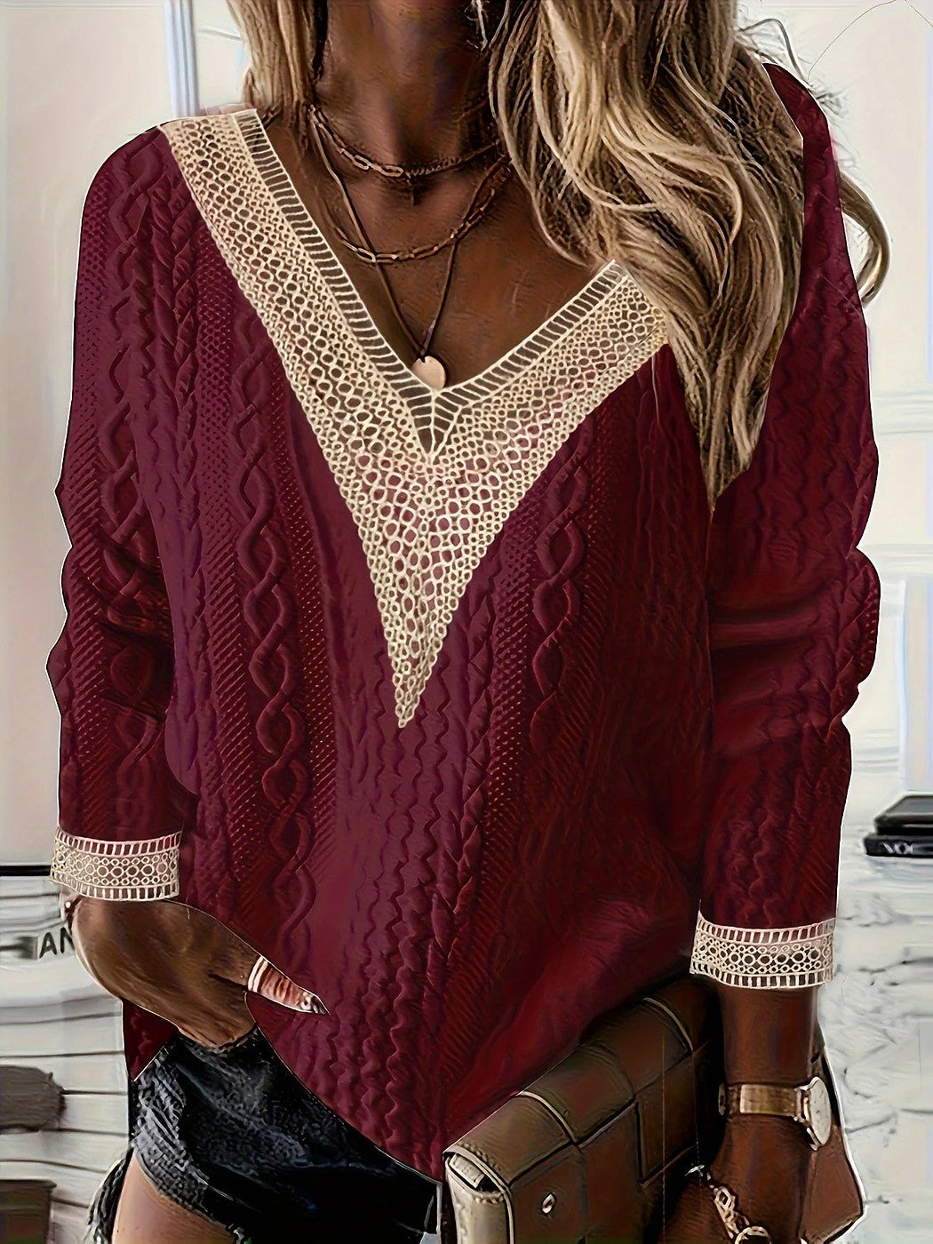 Women's Cable Knit Crochet Trim Fall Sweater