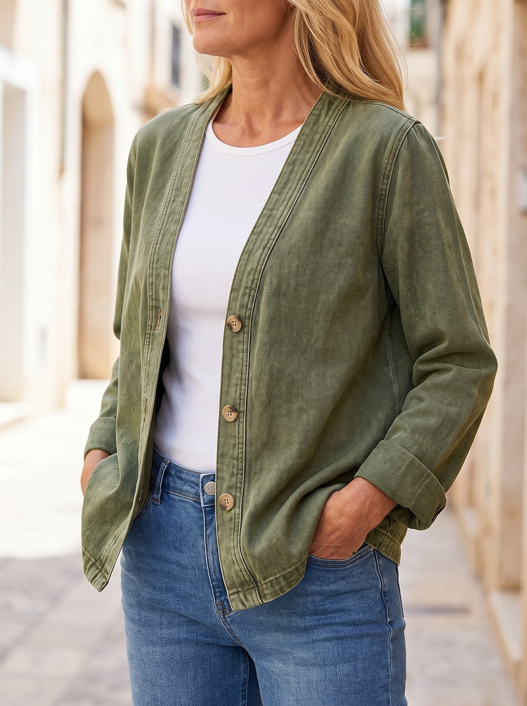 Women's Collarless Button Front Washed Denim Jacket