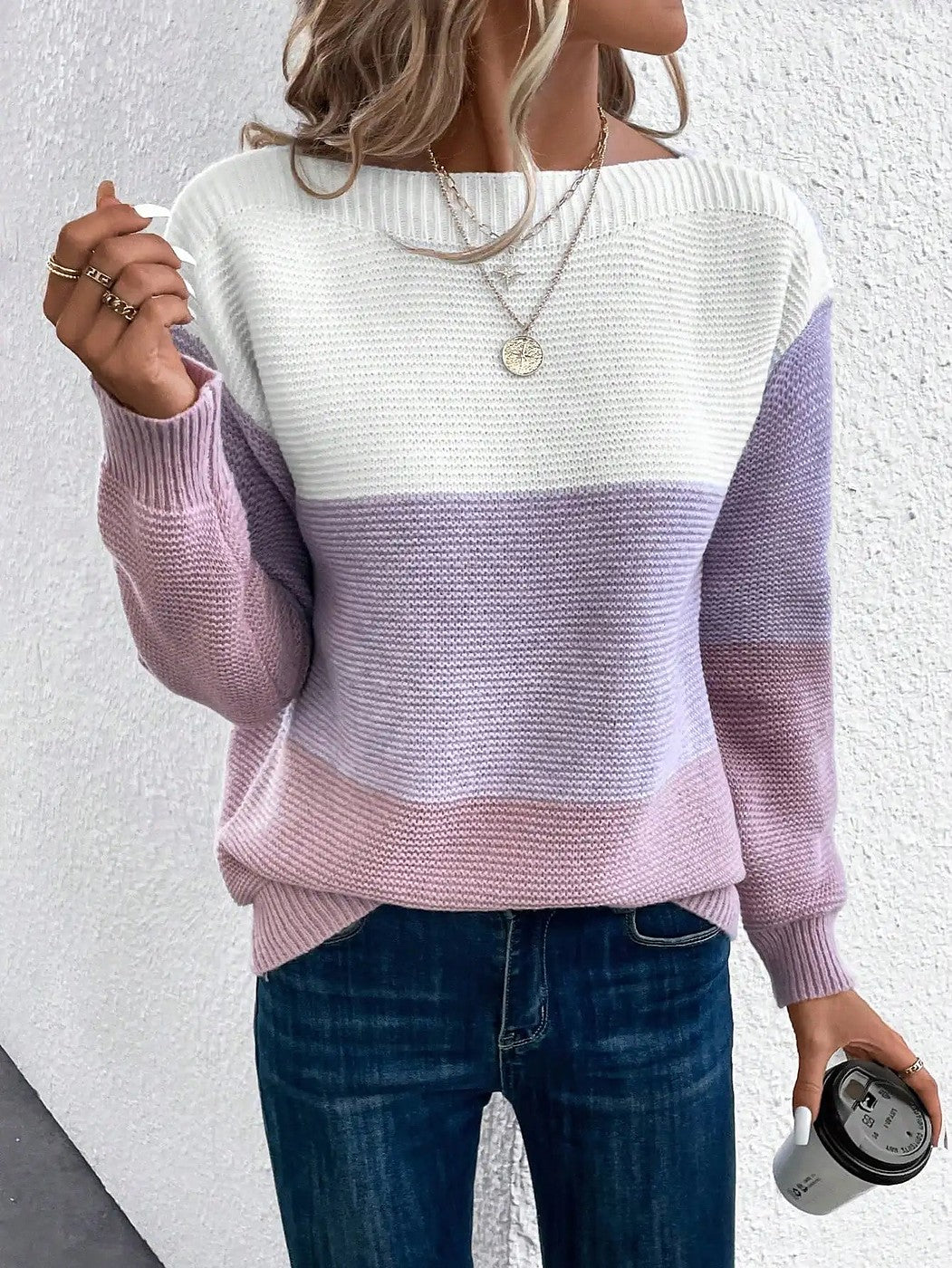 Women's Off Shoulder Color Block Stripe Sweater