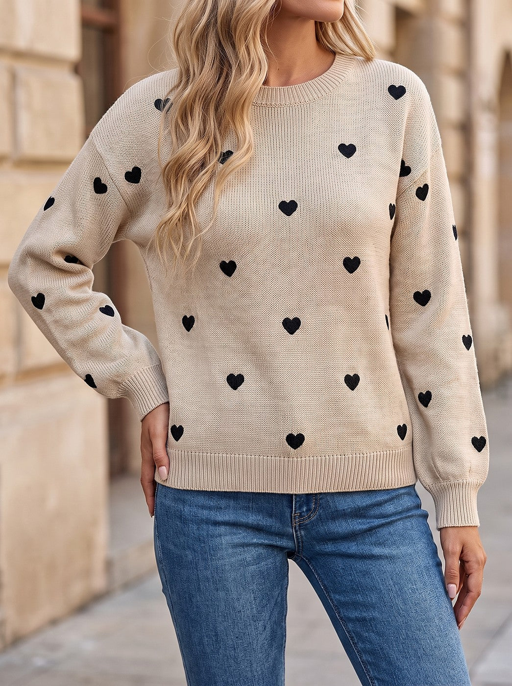 Women's Embossed Heart Crewneck Knit Sweater