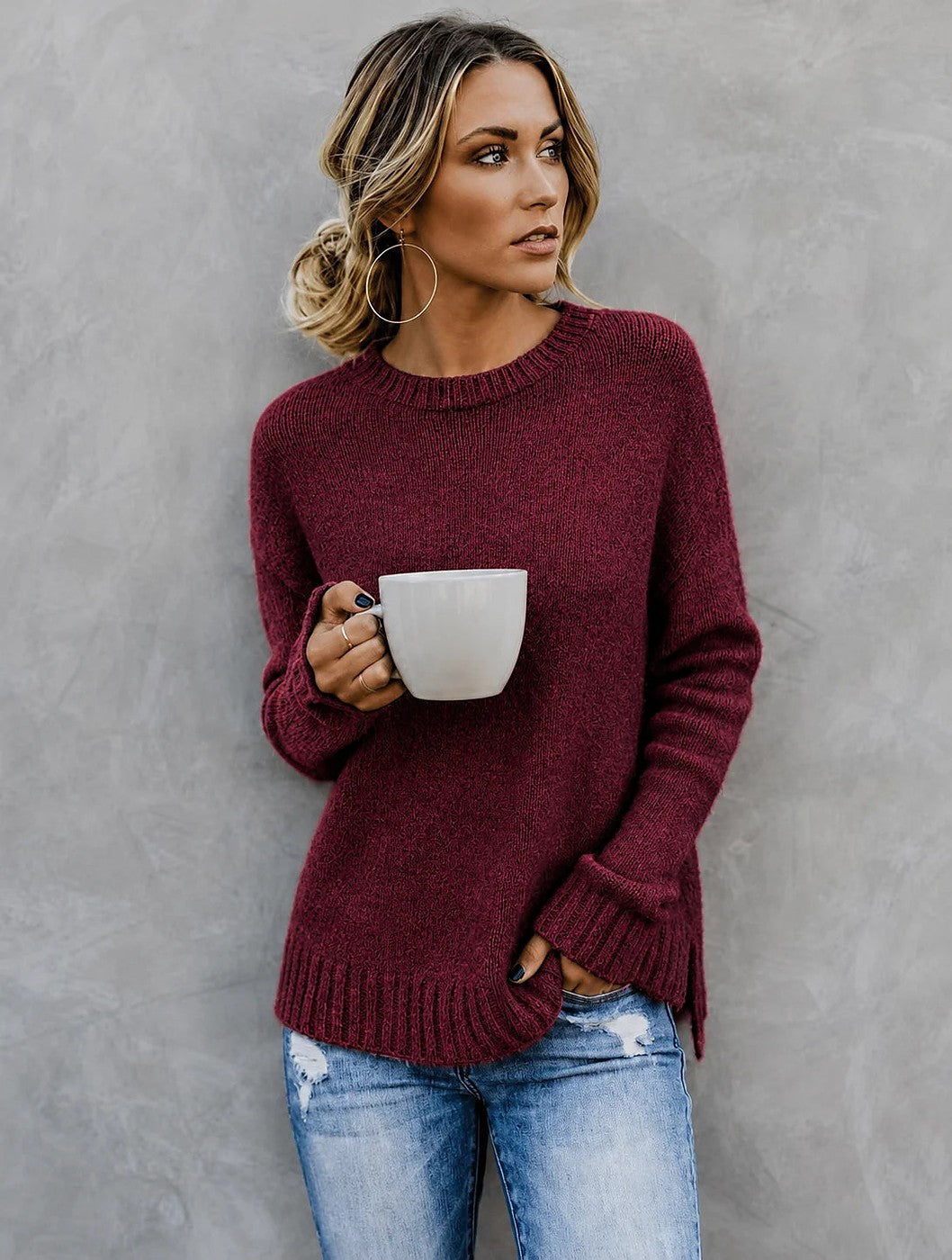 Women's Marled Knit Sweater Side Slit
