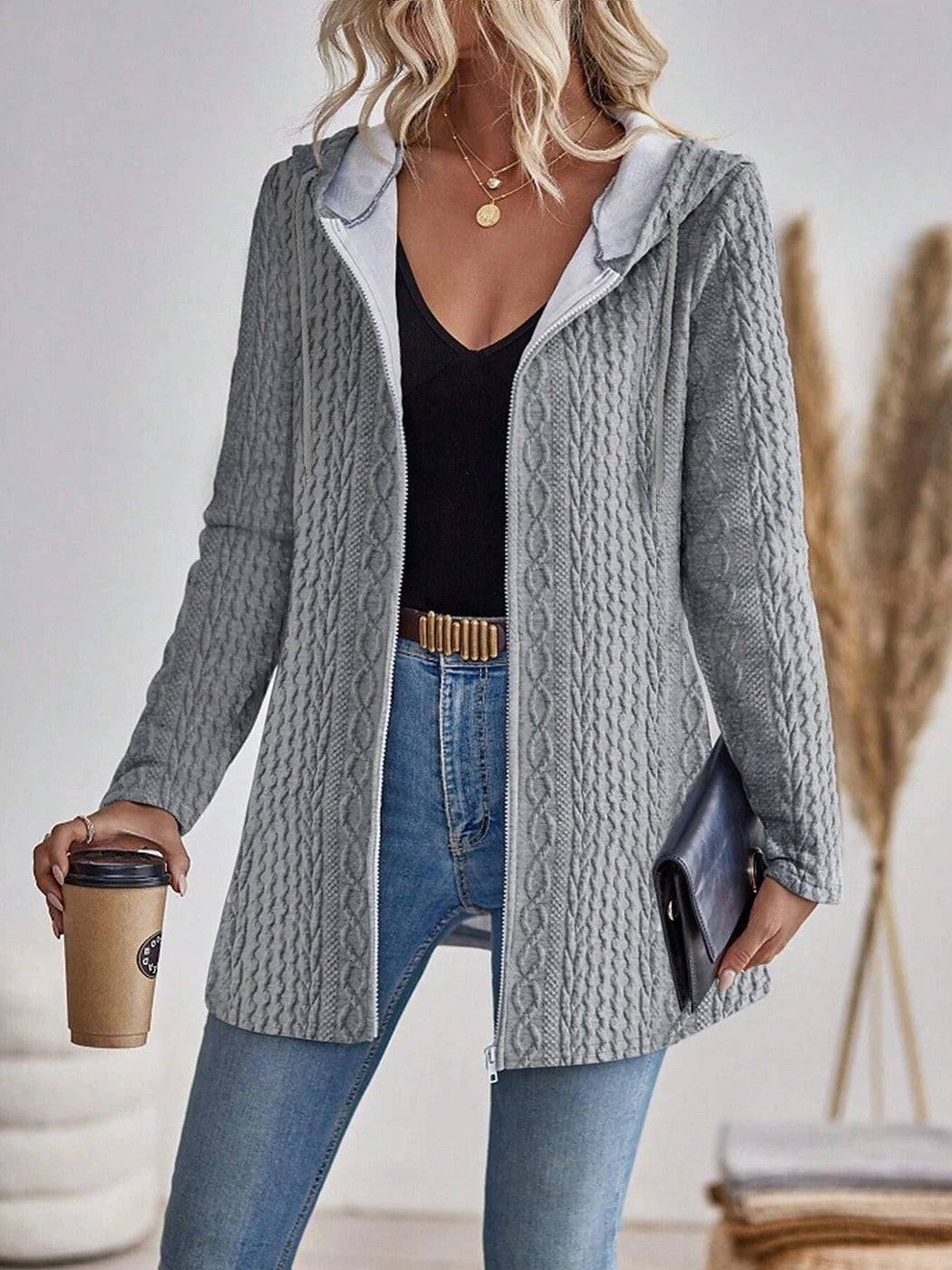 Women's Cable Knit Zip Up Hooded Cardigan