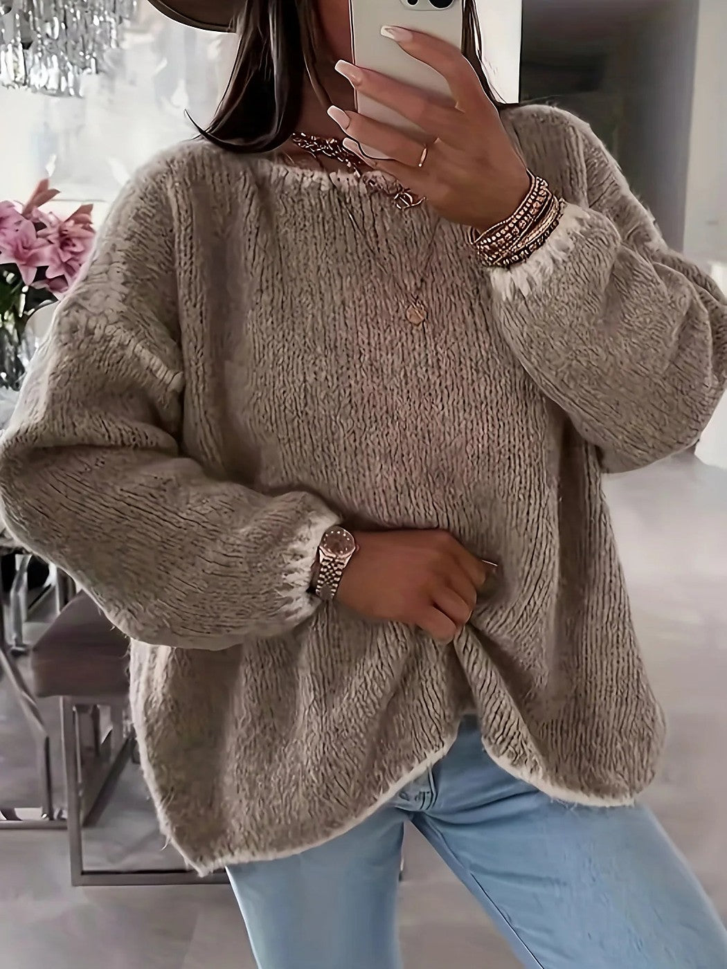 Women's Brushed Knit Contrast Trim Oversized Sweater