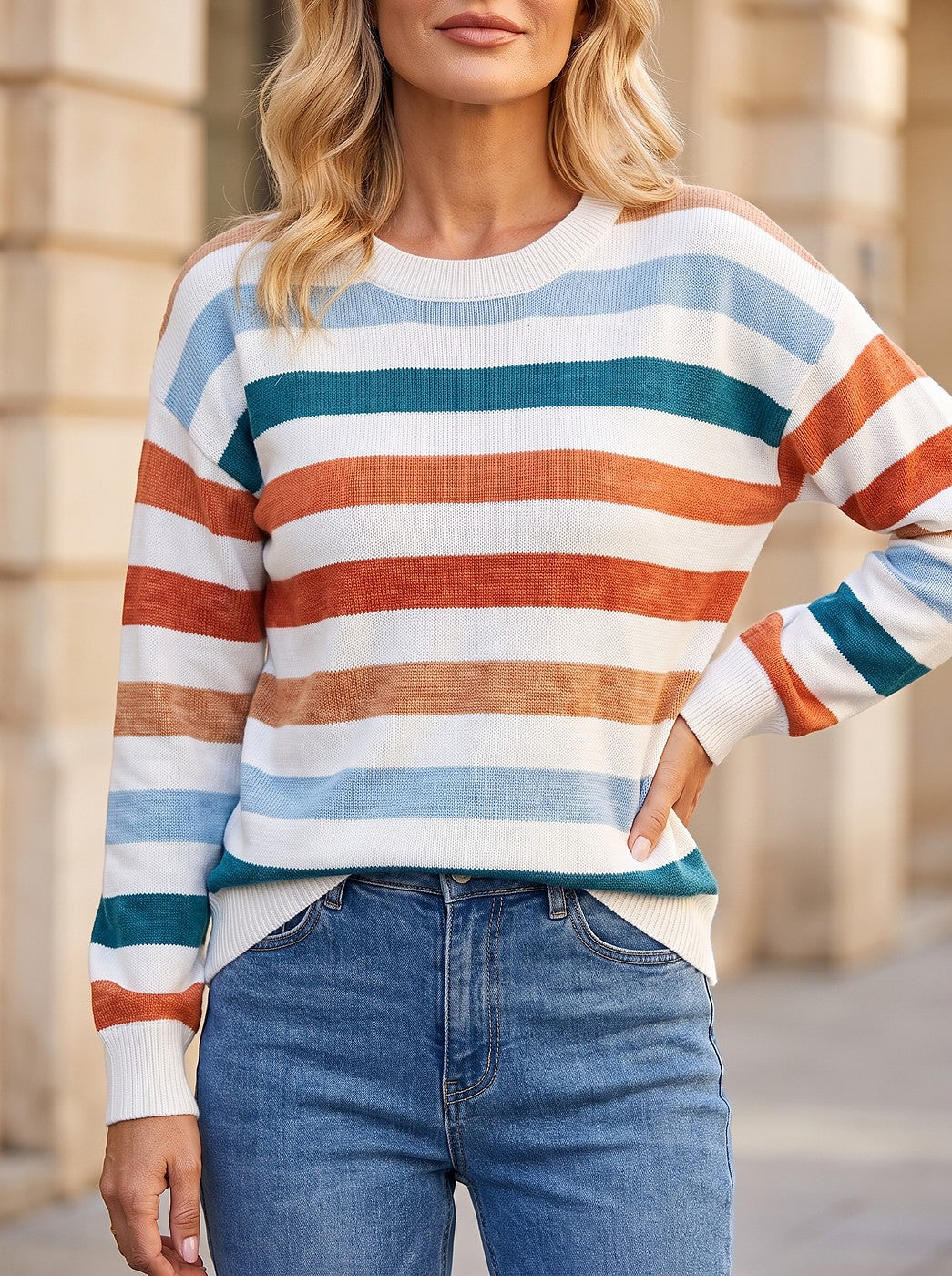 Women's Rugby Stripe Long Sleeve Knit Top