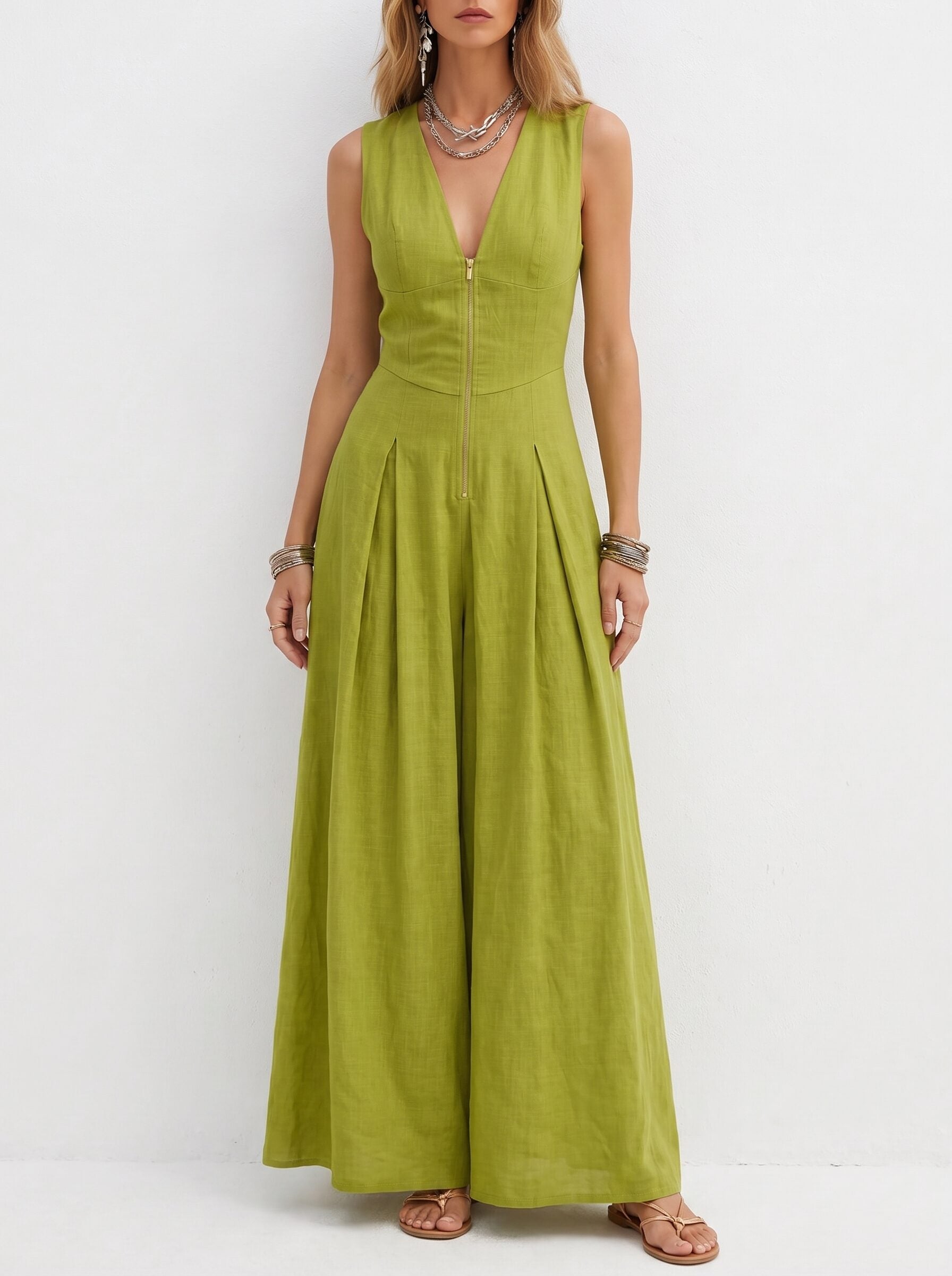 Women's V-Neck Sleeveless Linen Maxi Dress