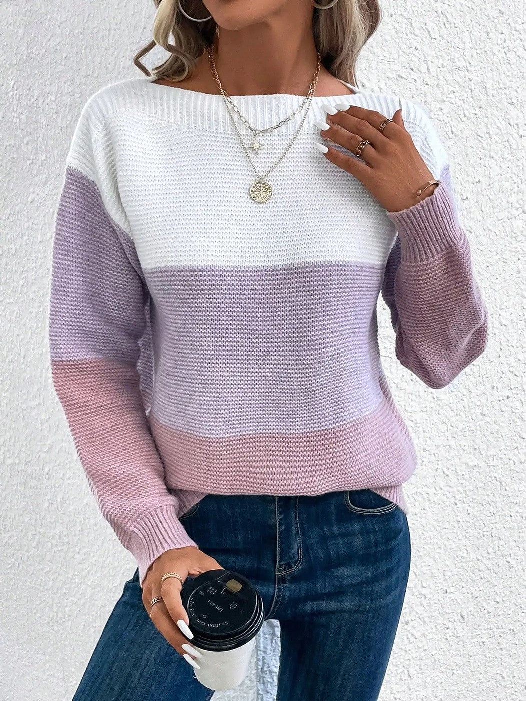 Women's Off Shoulder Color Block Stripe Sweater