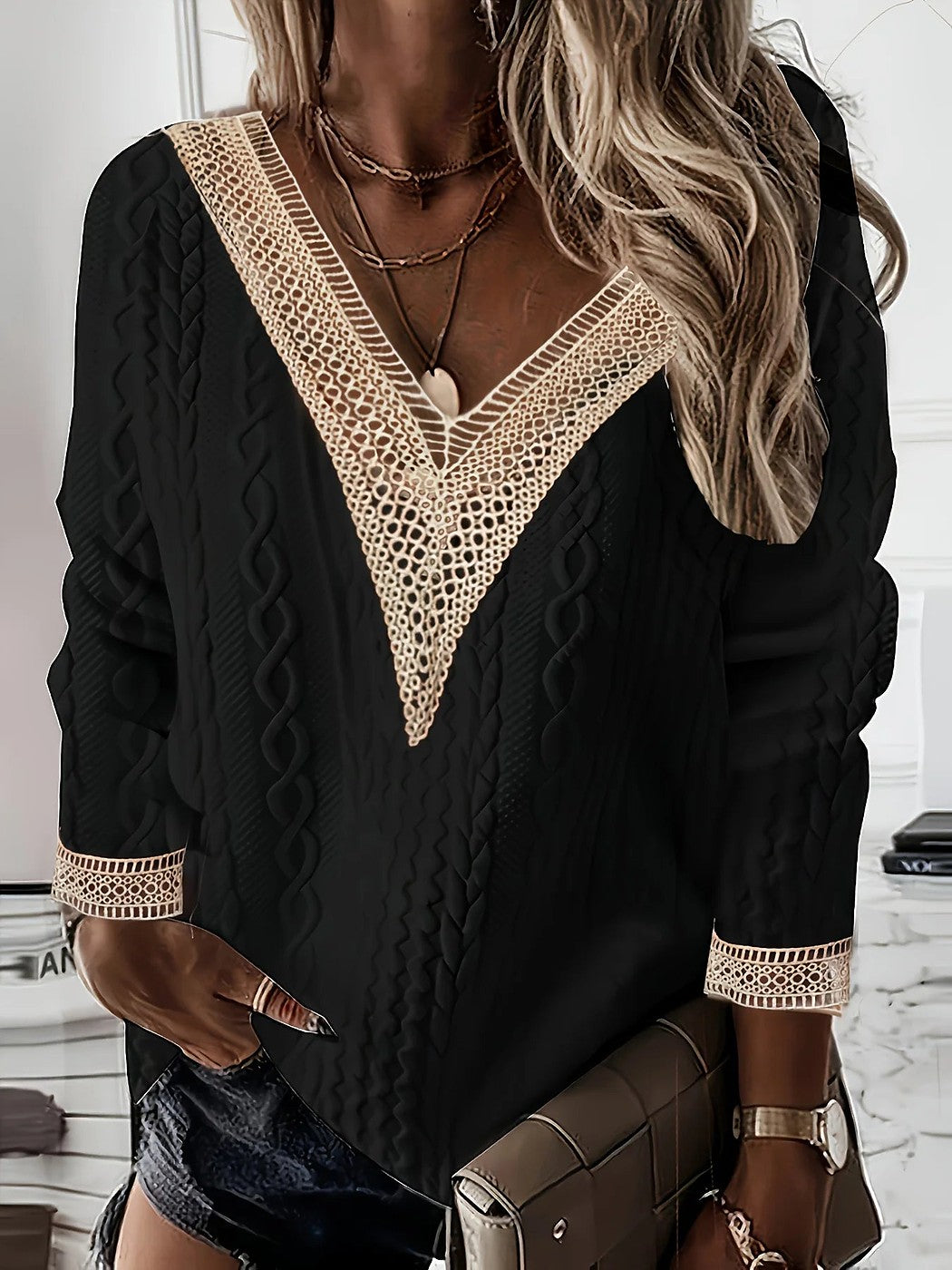 Women's Cable Knit Crochet Trim Fall Sweater