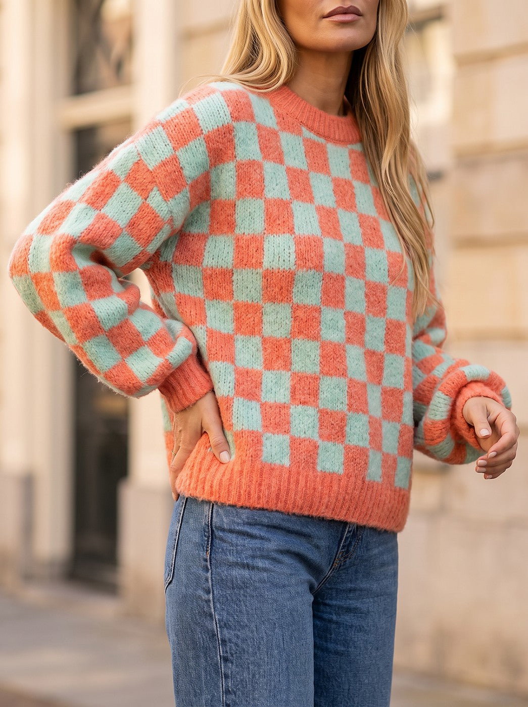 Women's Checkerboard Brushed Knit Lantern Sleeve Sweater