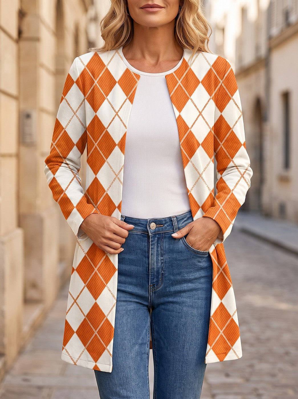Women's Argyle Print Collarless Open Cardigan