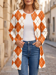 Women's Argyle Print Collarless Open Cardigan