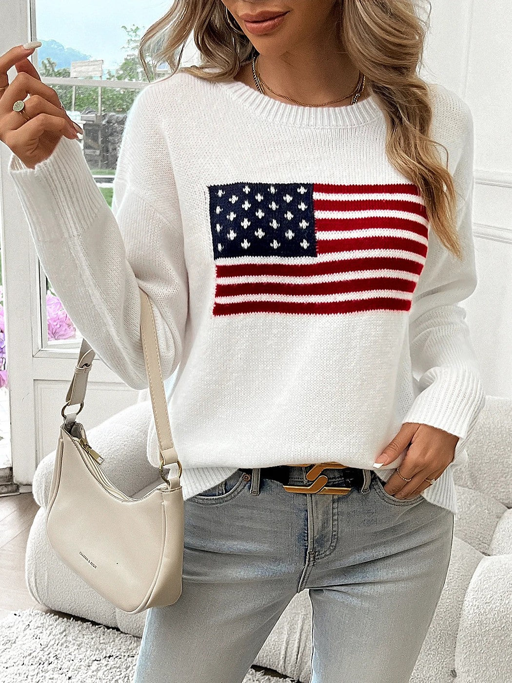 Women's American Flag Crewneck Pullover Sweater