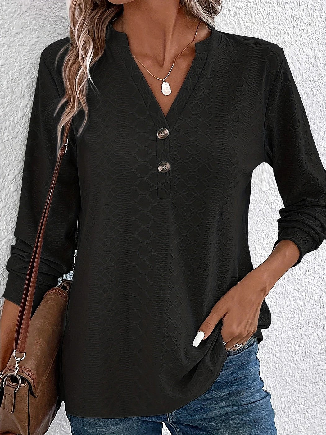 Women's Notch Neck Button Placket Textured Top
