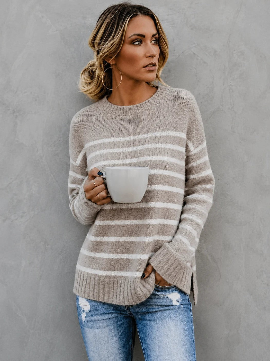 Women's Wide Stripe Crewneck Sweater Side Slit