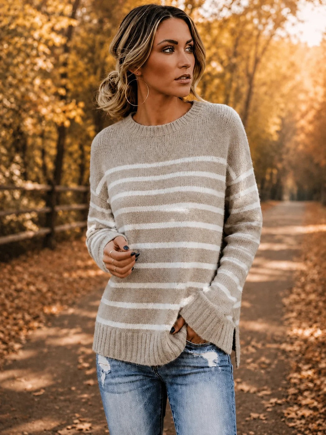Women's Wide Stripe Crewneck Sweater Side Slit