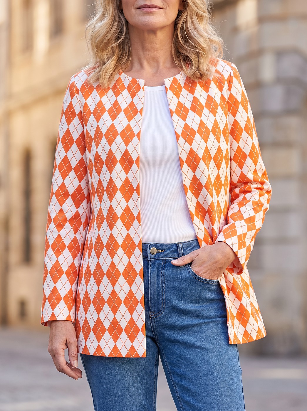 Women's Argyle Print Collarless Open Cardigan