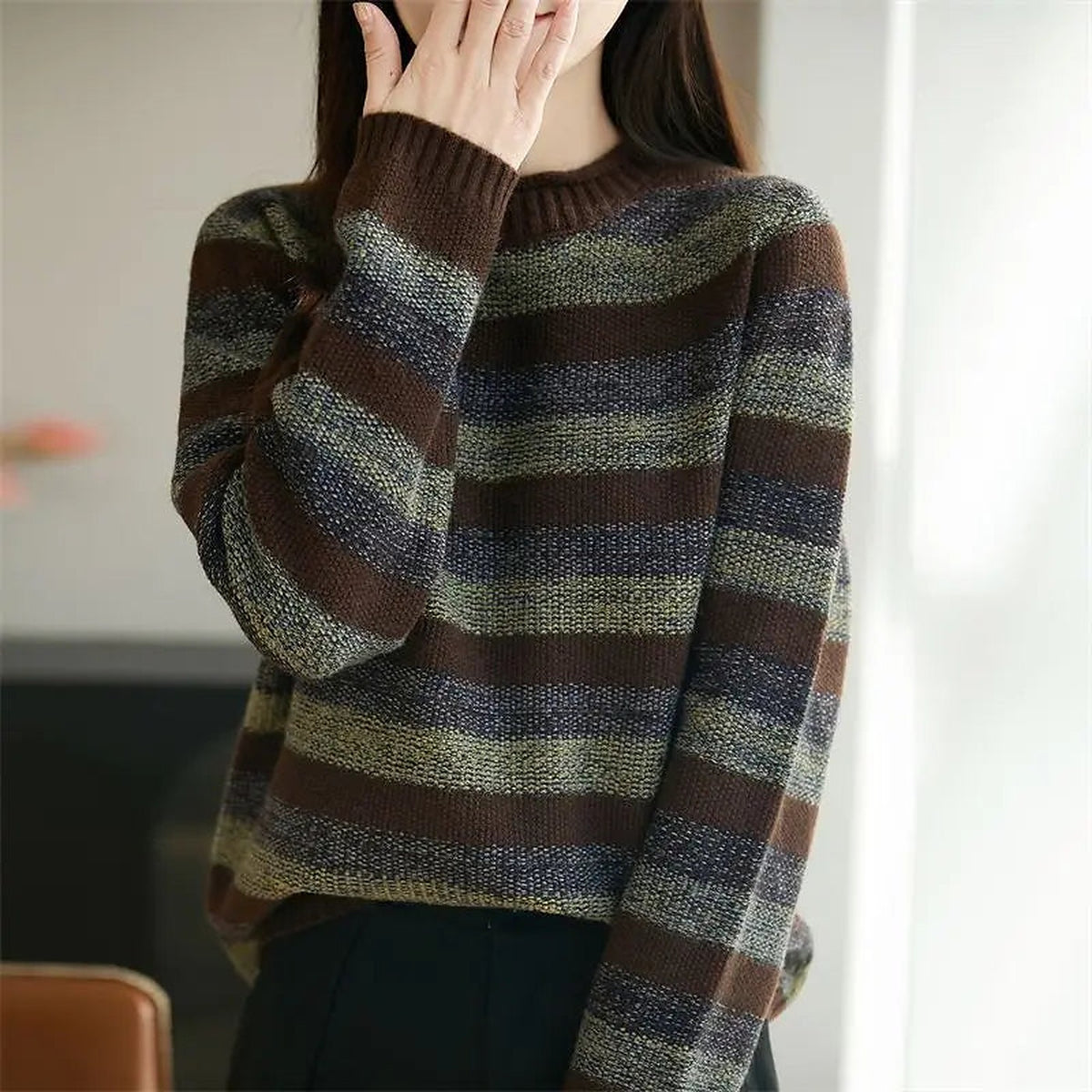 Women's Marled Stripe Loose Fit Fall Sweater