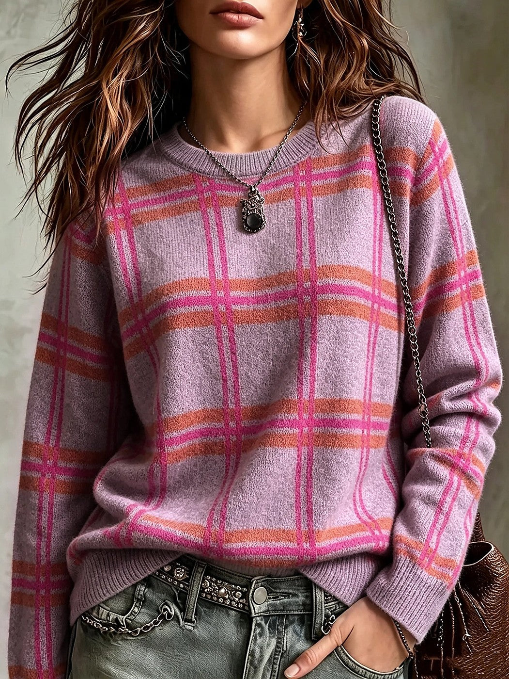 Women's Plaid Brushed Knit Winter Sweater