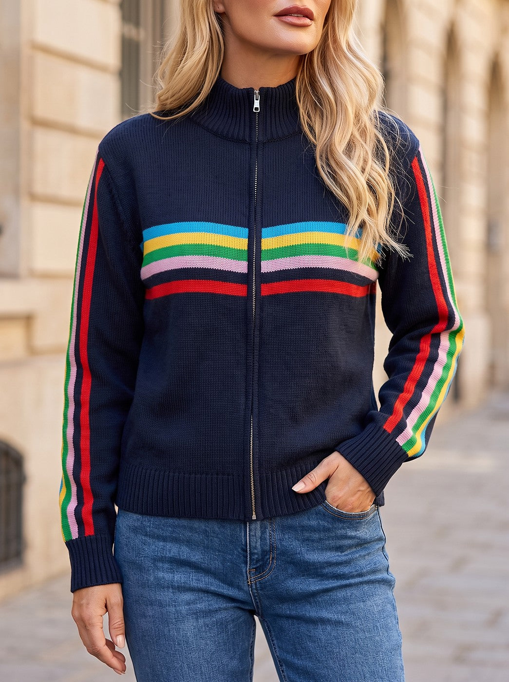 Women's Striped Mock Neck Zip Knit Jacket