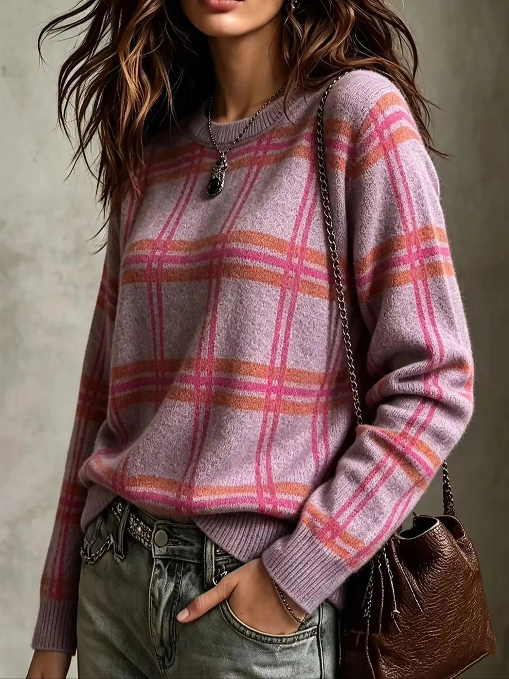 Women's Plaid Brushed Knit Winter Sweater