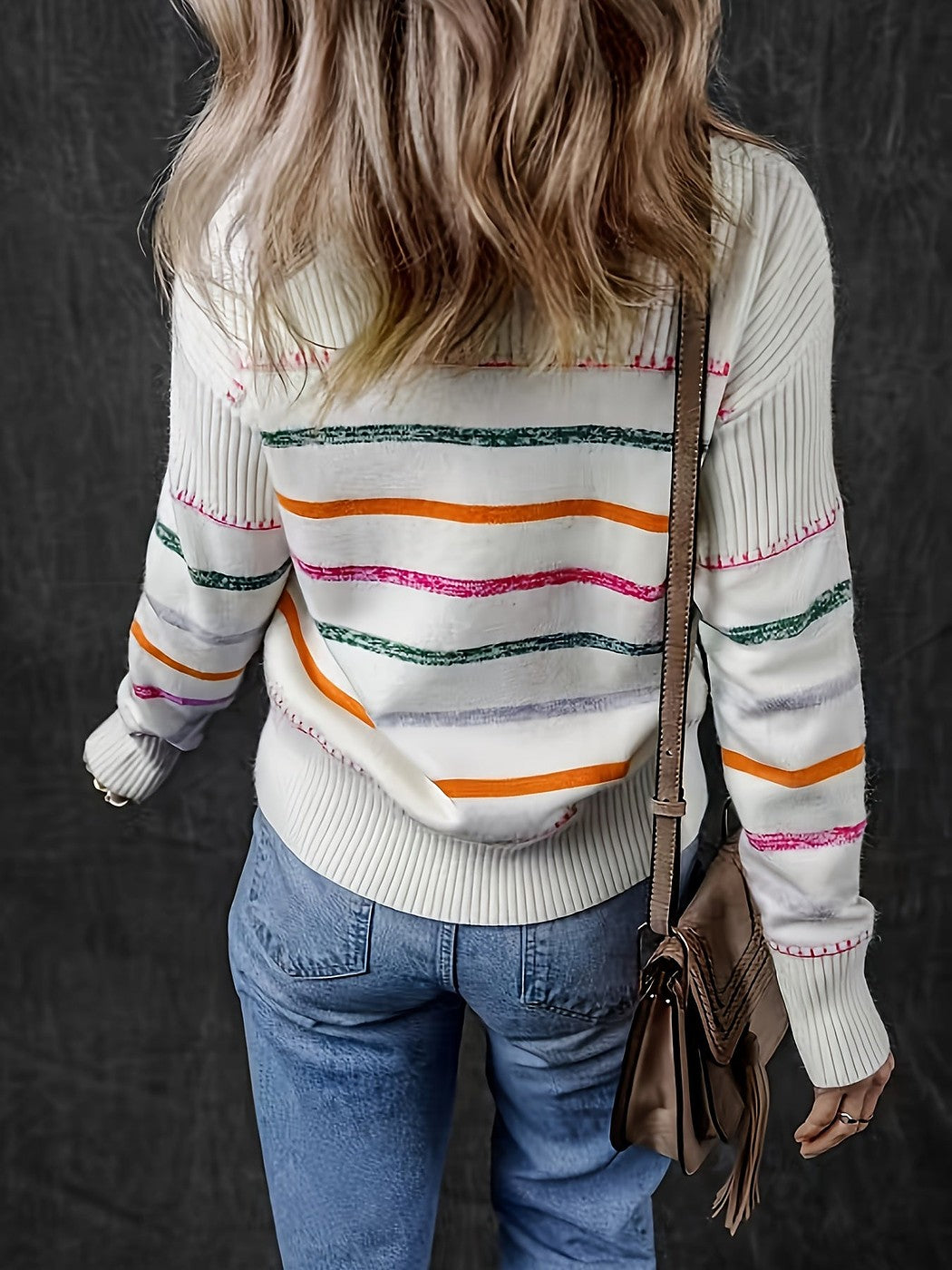 Women's Fine Stripe Ribbed Yoke Crewneck Sweater