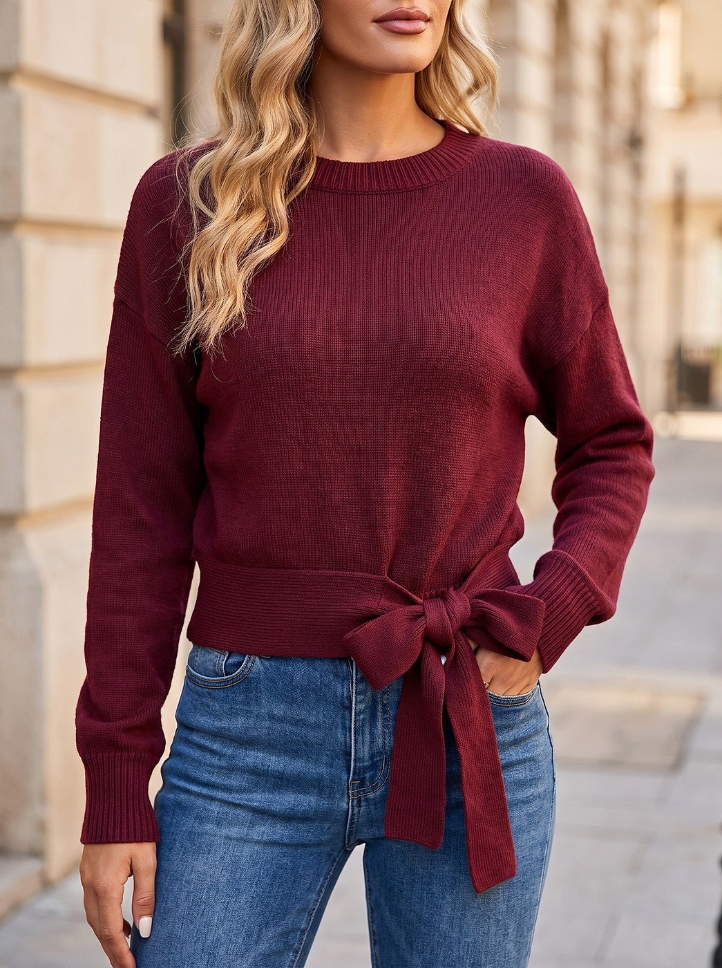 Women's Bow Detail Hem Ribbed Knit Sweater