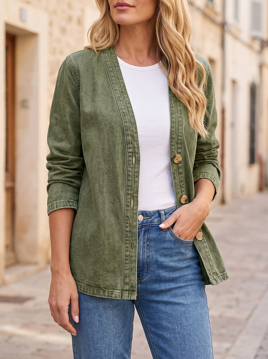 Women's Collarless Button Front Washed Denim Jacket