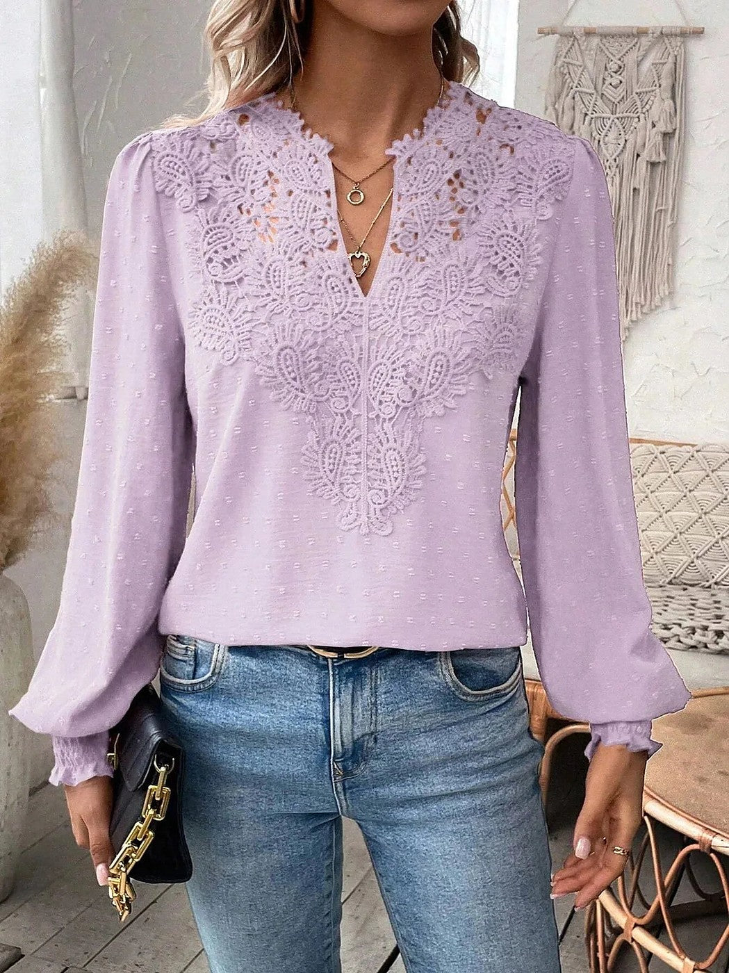 Women's Swiss Dot Lace Puff Sleeve Blouse