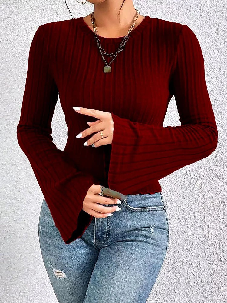 Women's Cropped Flare Sleeve Ribbed Knit Top