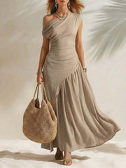 Women's One Shoulder Ruched Flowy Maxi Dress