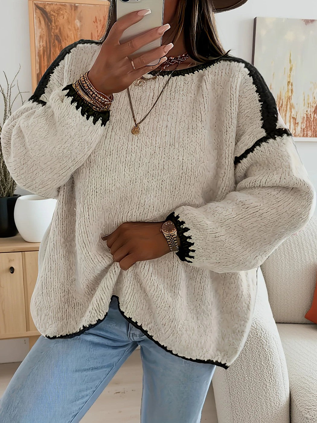 Women's Brushed Knit Contrast Trim Oversized Sweater