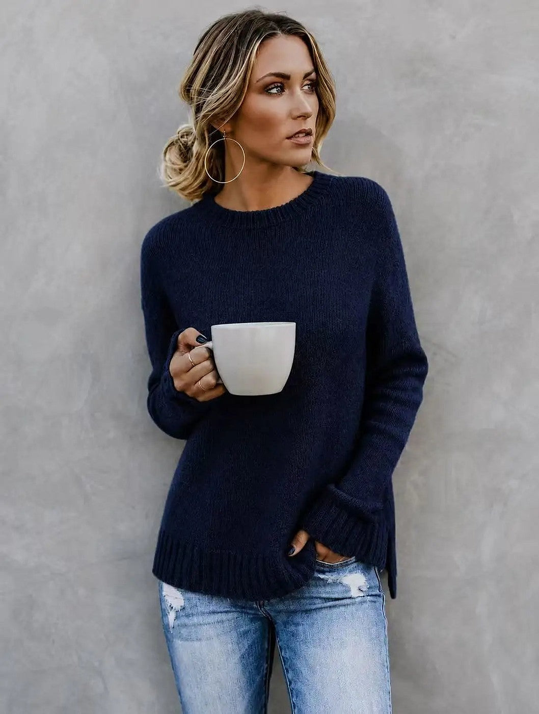 Women's Marled Knit Sweater Side Slit