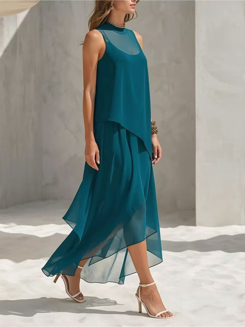 Women's Sleeveless Chiffon Layered High-Low Maxi Dress