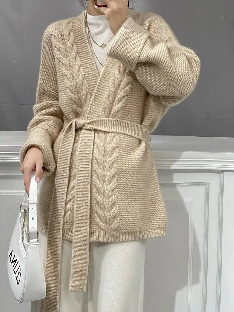 Women's Cable Knit Wrap Cardigan Tie Belt
