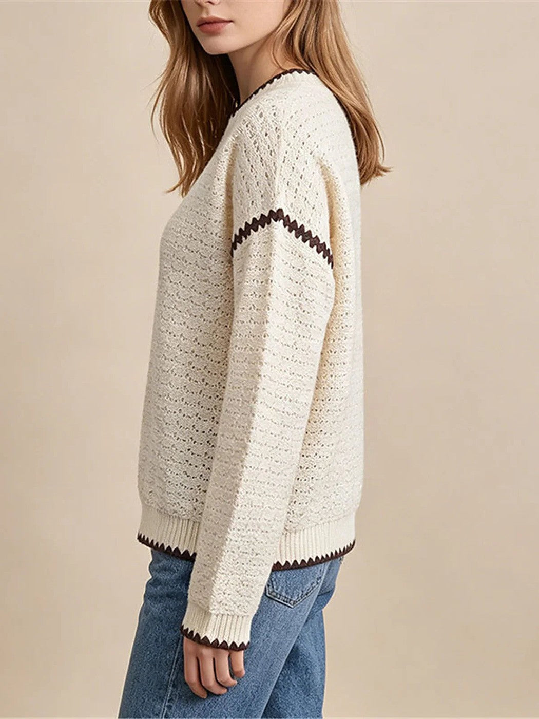 Women's Chevron Trim Open Knit Crewneck Sweater