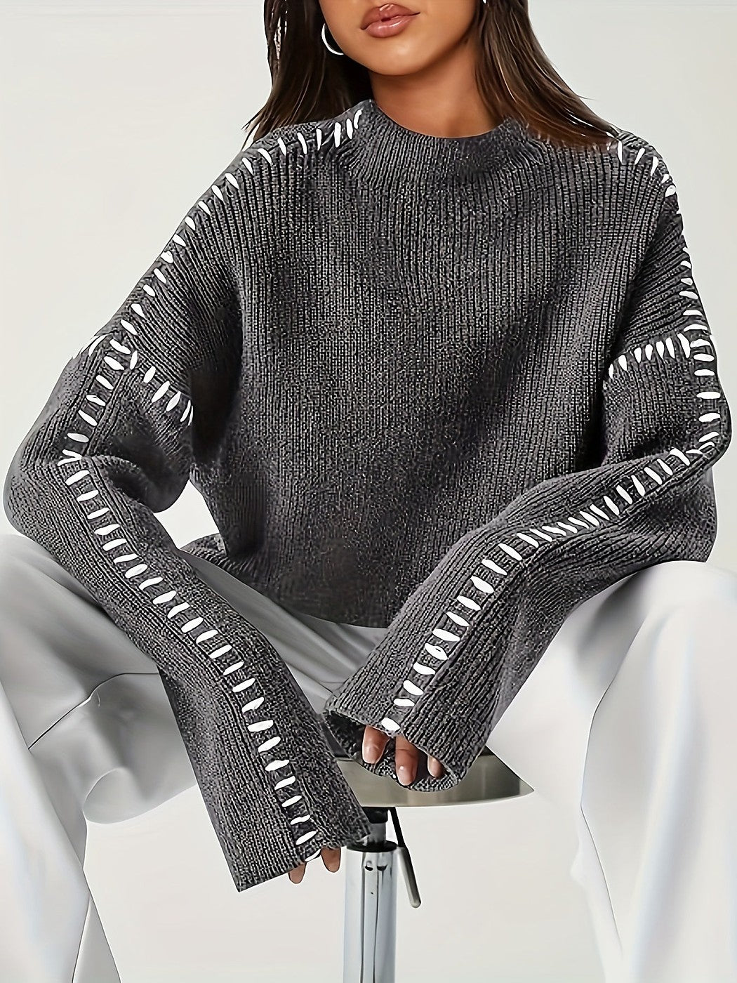 Women's Whipstitch Detail Mock Neck Ribbed Sweater