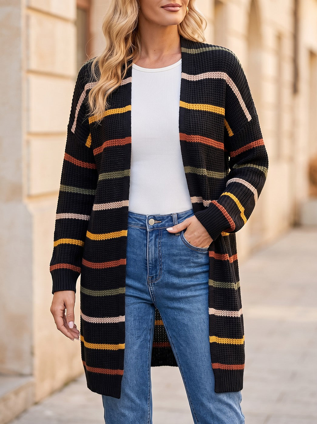 Women's Multi Stripe Open Front Longline Cardigan