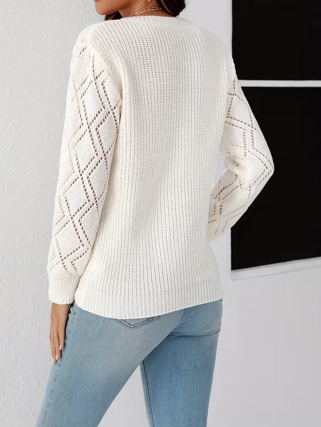 Women's Ribbed Knit Sweater with Lace Neckline