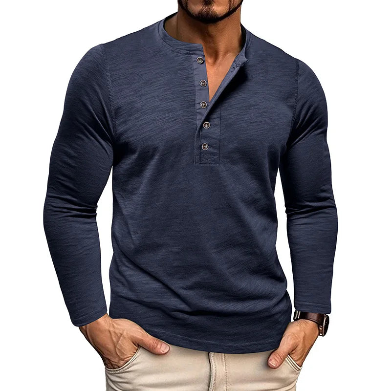 Men's Breathable Cotton-Blend Long Sleeve Henley T-Shirt