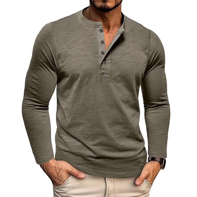 Men's Breathable Cotton-Blend Long Sleeve Henley T-Shirt