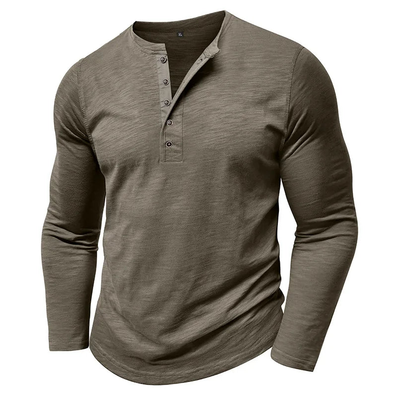 Men's Breathable Cotton-Blend Long Sleeve Henley T-Shirt