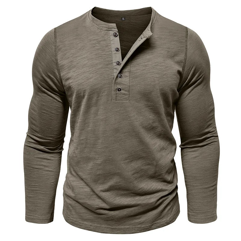 Men's Breathable Cotton-Blend Long Sleeve Henley T-Shirt
